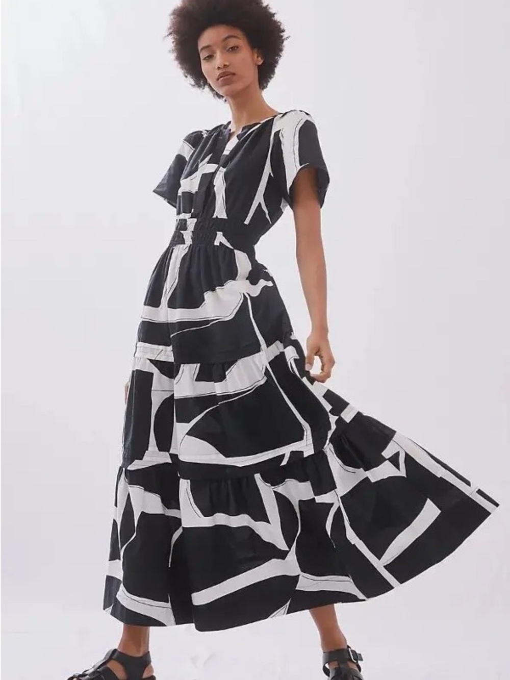 Anthropologie Somerset Maxi Dress Black White Geometric Cotton Tiered PETITE